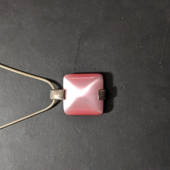 Silver Tone Pink Cat's Eye Square Pendant Statement Necklace - Picture 2 of 3